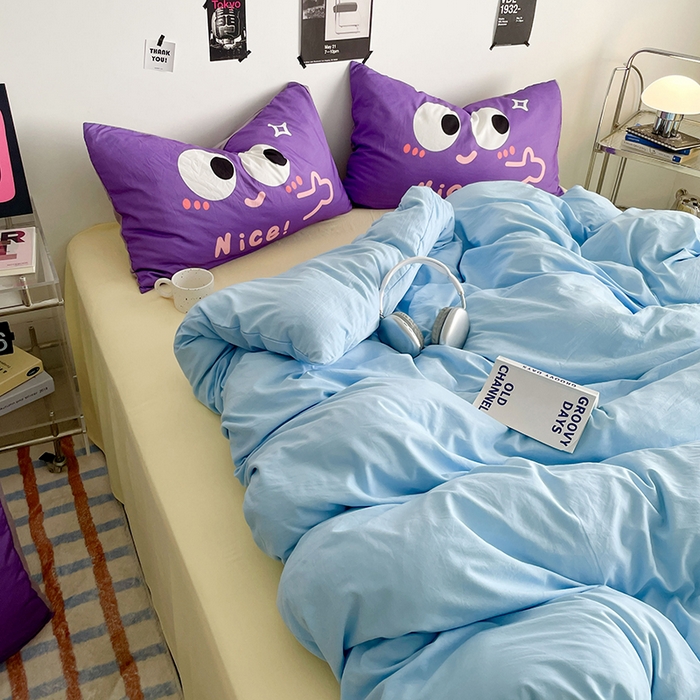 91家纺网 家纺一手货源 找家纺 优卡迪家纺馆 2025新款A类亲肤水洗棉大眼萌纯色混搭四件套 大眼萌-天蓝黄