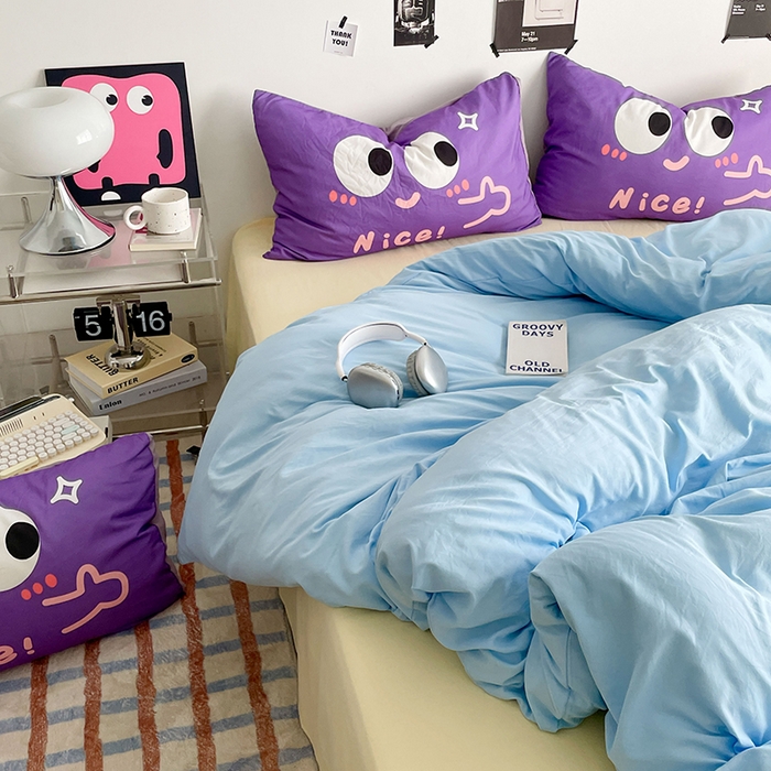 91家纺网 家纺一手货源 找家纺 优卡迪家纺馆 2025新款A类亲肤水洗棉大眼萌纯色混搭四件套 大眼萌-天蓝黄