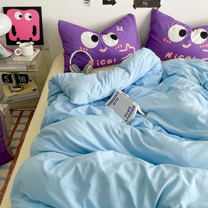 91家纺网 家纺一手货源 找家纺 优卡迪家纺馆 2025新款A类亲肤水洗棉大眼萌纯色混搭四件套 大眼萌-天蓝黄