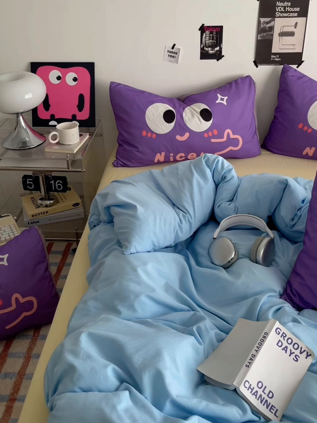 91家纺网 家纺一手货源 找家纺 优卡迪家纺馆 2025新款A类亲肤水洗棉大眼萌纯色混搭四件套 大眼萌-天蓝黄