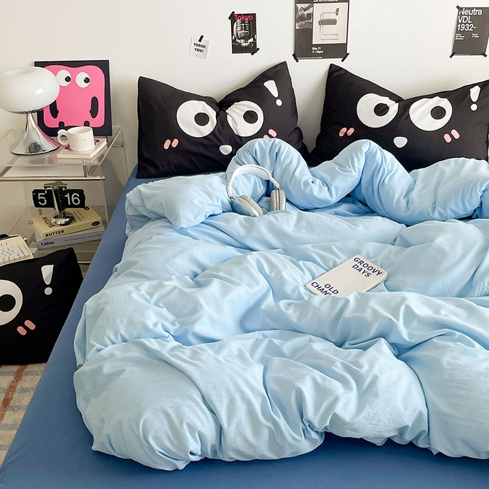 91家纺网 家纺一手货源 找家纺 优卡迪家纺馆 2025新款A类亲肤水洗棉大眼萌纯色混搭四件套 大眼萌-天蓝灰