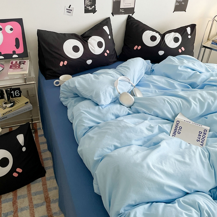 91家纺网 家纺一手货源 找家纺 优卡迪家纺馆 2025新款A类亲肤水洗棉大眼萌纯色混搭四件套 大眼萌-天蓝灰