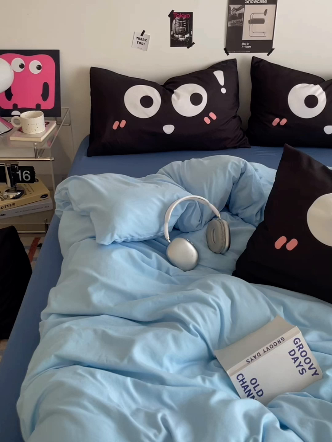 91家纺网 家纺一手货源 找家纺 优卡迪家纺馆 2025新款A类亲肤水洗棉大眼萌纯色混搭四件套 大眼萌-天蓝灰