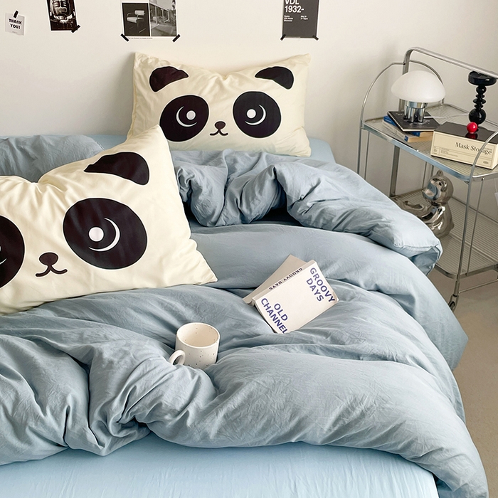 91家纺网 家纺一手货源 找家纺 优卡迪家纺馆 2025新款A类亲肤水洗棉大眼萌纯色混搭四件套 大眼萌-雾天蓝