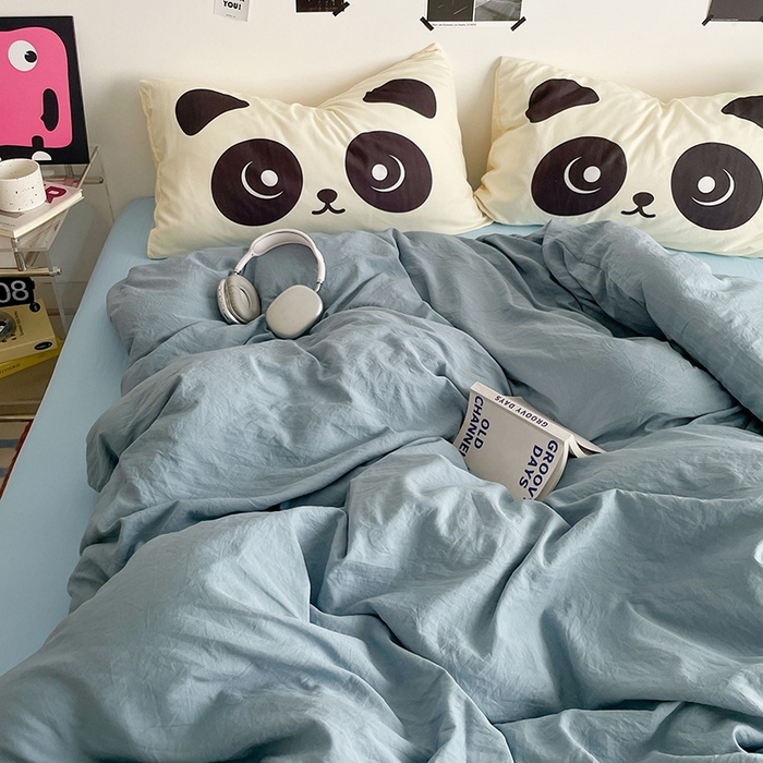 91家纺网 家纺一手货源 找家纺 优卡迪家纺馆 2025新款A类亲肤水洗棉大眼萌纯色混搭四件套 大眼萌-雾天蓝