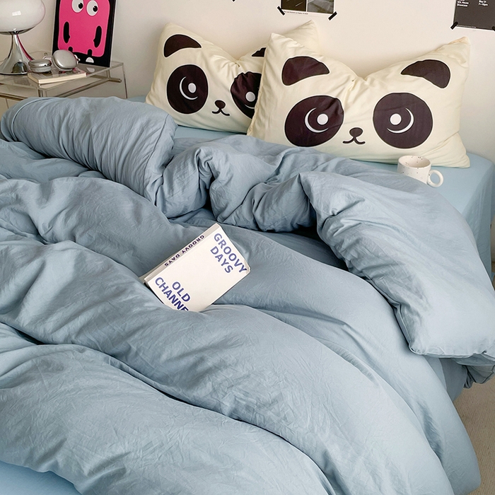 91家纺网 家纺一手货源 找家纺 优卡迪家纺馆 2025新款A类亲肤水洗棉大眼萌纯色混搭四件套 大眼萌-雾天蓝