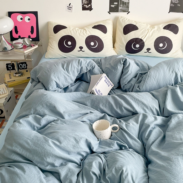 91家纺网 家纺一手货源 找家纺 优卡迪家纺馆 2025新款A类亲肤水洗棉大眼萌纯色混搭四件套 大眼萌-雾天蓝