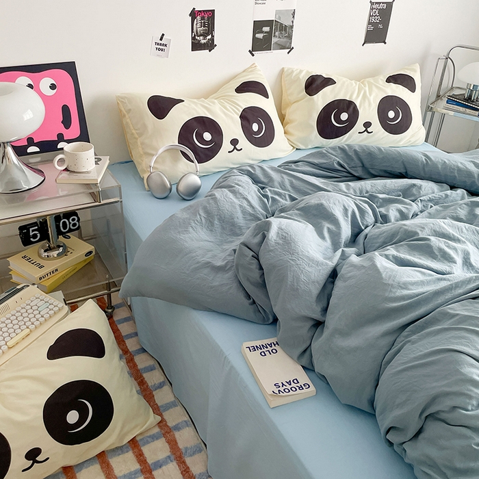 91家纺网 家纺一手货源 找家纺 优卡迪家纺馆 2025新款A类亲肤水洗棉大眼萌纯色混搭四件套 大眼萌-雾天蓝