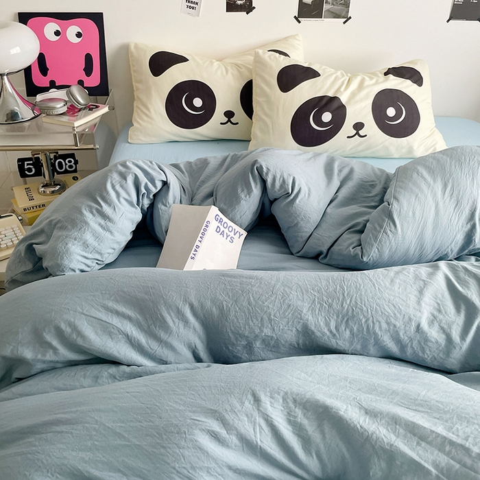 91家纺网 家纺一手货源 找家纺 优卡迪家纺馆 2025新款A类亲肤水洗棉大眼萌纯色混搭四件套 大眼萌-雾天蓝