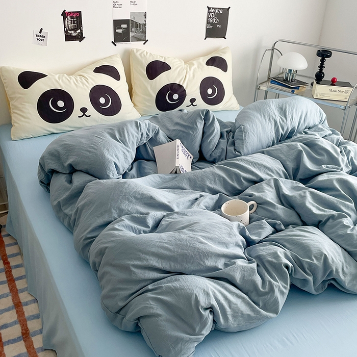 91家纺网 家纺一手货源 找家纺 优卡迪家纺馆 2025新款A类亲肤水洗棉大眼萌纯色混搭四件套 大眼萌-雾天蓝