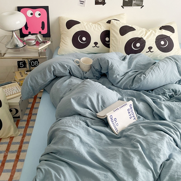 91家纺网 家纺一手货源 找家纺 优卡迪家纺馆 2025新款A类亲肤水洗棉大眼萌纯色混搭四件套 大眼萌-雾天蓝