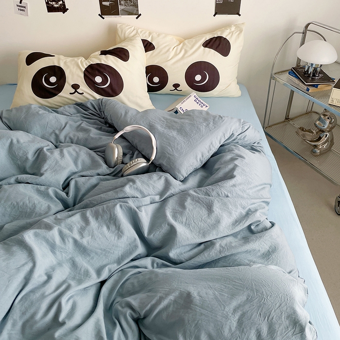 91家纺网 家纺一手货源 找家纺 优卡迪家纺馆 2025新款A类亲肤水洗棉大眼萌纯色混搭四件套 大眼萌-雾天蓝