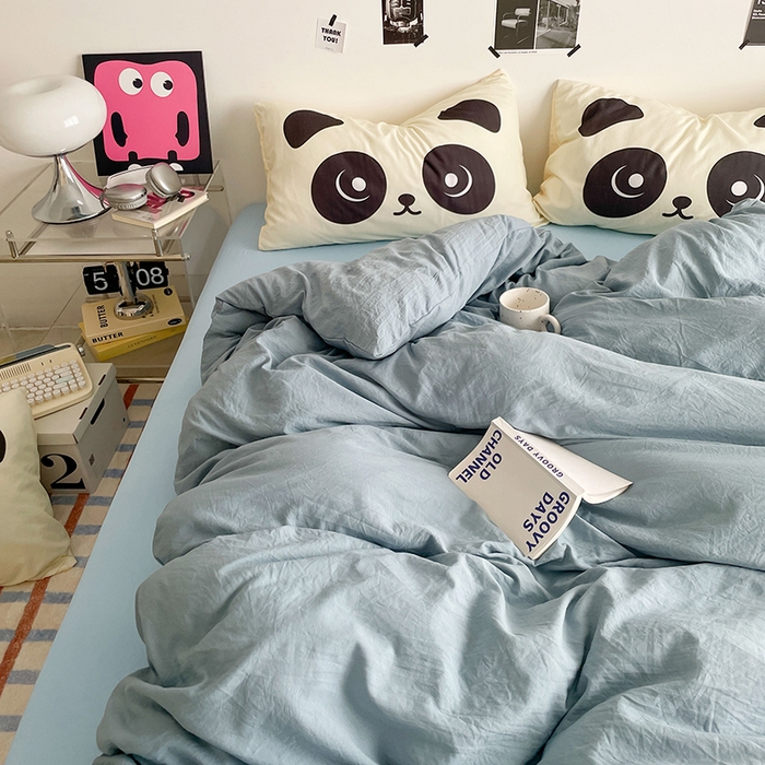 91家纺网 家纺一手货源 找家纺 优卡迪家纺馆 2025新款A类亲肤水洗棉大眼萌纯色混搭四件套 大眼萌-雾天蓝