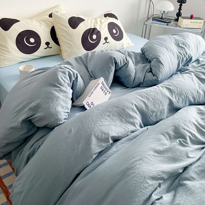 91家纺网 家纺一手货源 找家纺 优卡迪家纺馆 2025新款A类亲肤水洗棉大眼萌纯色混搭四件套 大眼萌-雾天蓝