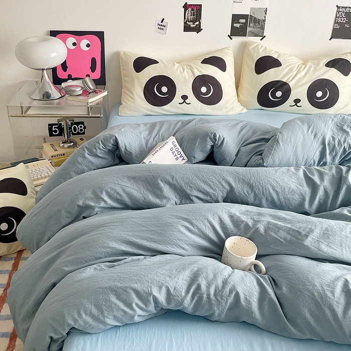 91家纺网 家纺一手货源 找家纺 优卡迪家纺馆 2025新款A类亲肤水洗棉大眼萌纯色混搭四件套 大眼萌-雾天蓝