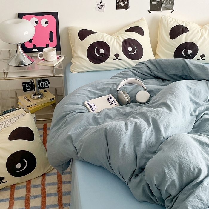 91家纺网 家纺一手货源 找家纺 优卡迪家纺馆 2025新款A类亲肤水洗棉大眼萌纯色混搭四件套 大眼萌-雾天蓝