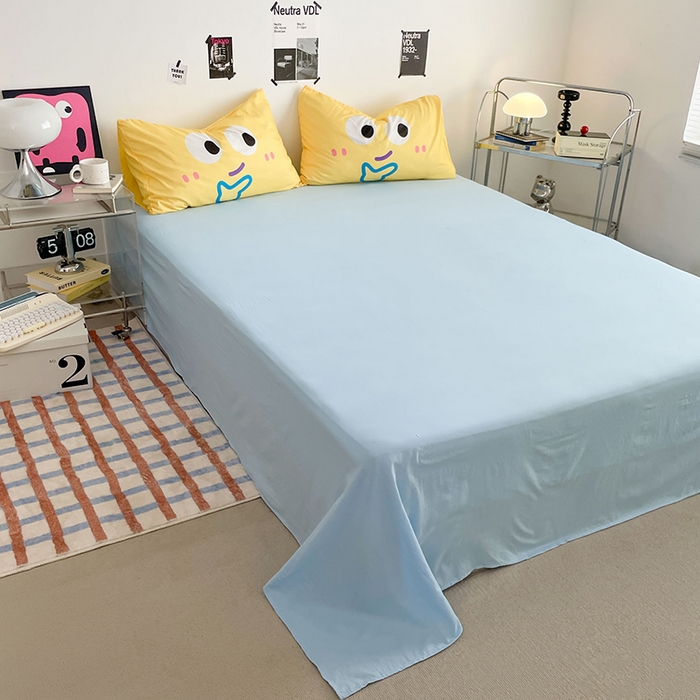 91家纺网 家纺一手货源 找家纺 优卡迪家纺馆 2025新款A类亲肤水洗棉大眼萌纯色混搭四件套 大眼萌-玉粉蓝