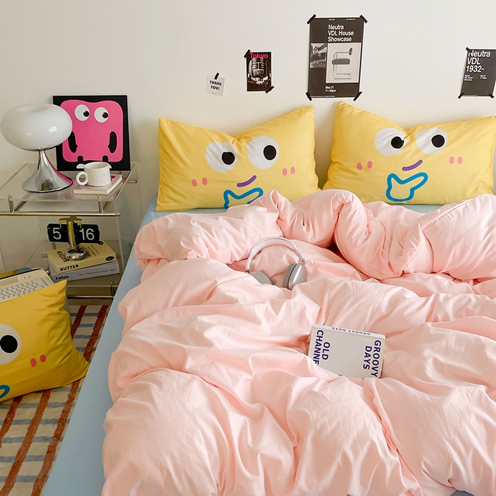 91家纺网 家纺一手货源 找家纺 优卡迪家纺馆 2025新款A类亲肤水洗棉大眼萌纯色混搭四件套 大眼萌-玉粉蓝