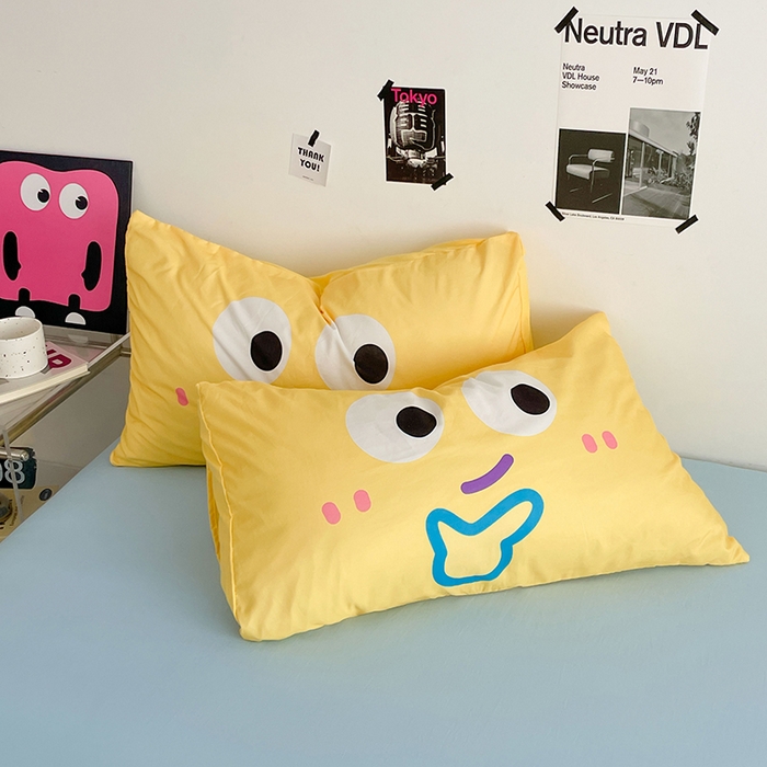 91家纺网 家纺一手货源 找家纺 优卡迪家纺馆 2025新款A类亲肤水洗棉大眼萌纯色混搭四件套 大眼萌-玉粉蓝