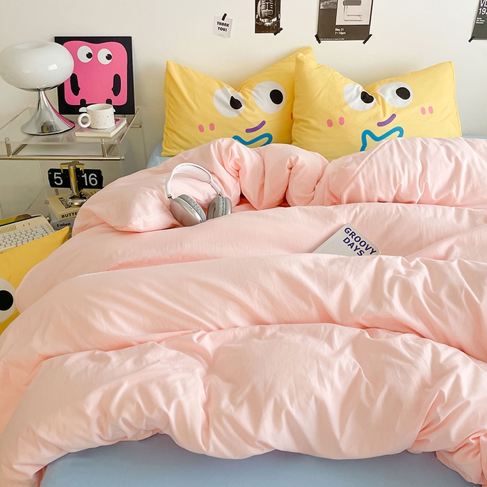 91家纺网 家纺一手货源 找家纺 优卡迪家纺馆 2025新款A类亲肤水洗棉大眼萌纯色混搭四件套 大眼萌-玉粉蓝