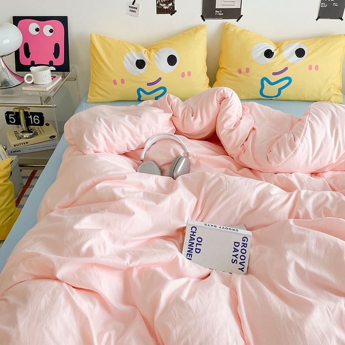 91家纺网 家纺一手货源 找家纺 优卡迪家纺馆 2025新款A类亲肤水洗棉大眼萌纯色混搭四件套 大眼萌-玉粉蓝