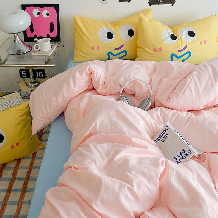 91家纺网 家纺一手货源 找家纺 优卡迪家纺馆 2025新款A类亲肤水洗棉大眼萌纯色混搭四件套 大眼萌-玉粉蓝