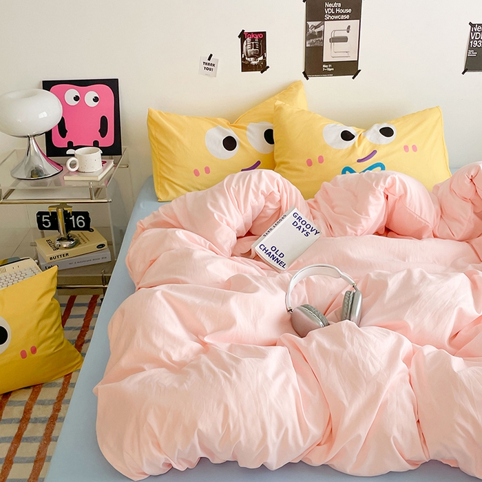 91家纺网 家纺一手货源 找家纺 优卡迪家纺馆 2025新款A类亲肤水洗棉大眼萌纯色混搭四件套 大眼萌-玉粉蓝