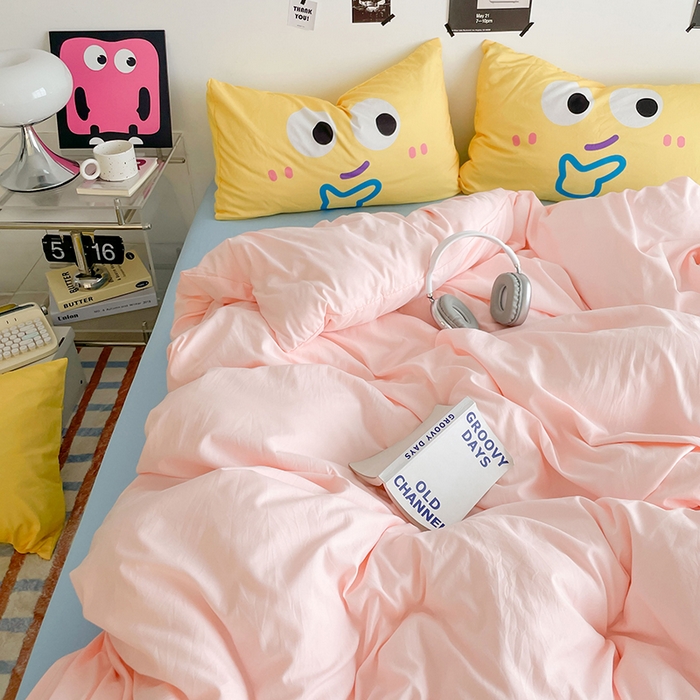 91家纺网 家纺一手货源 找家纺 优卡迪家纺馆 2025新款A类亲肤水洗棉大眼萌纯色混搭四件套 大眼萌-玉粉蓝