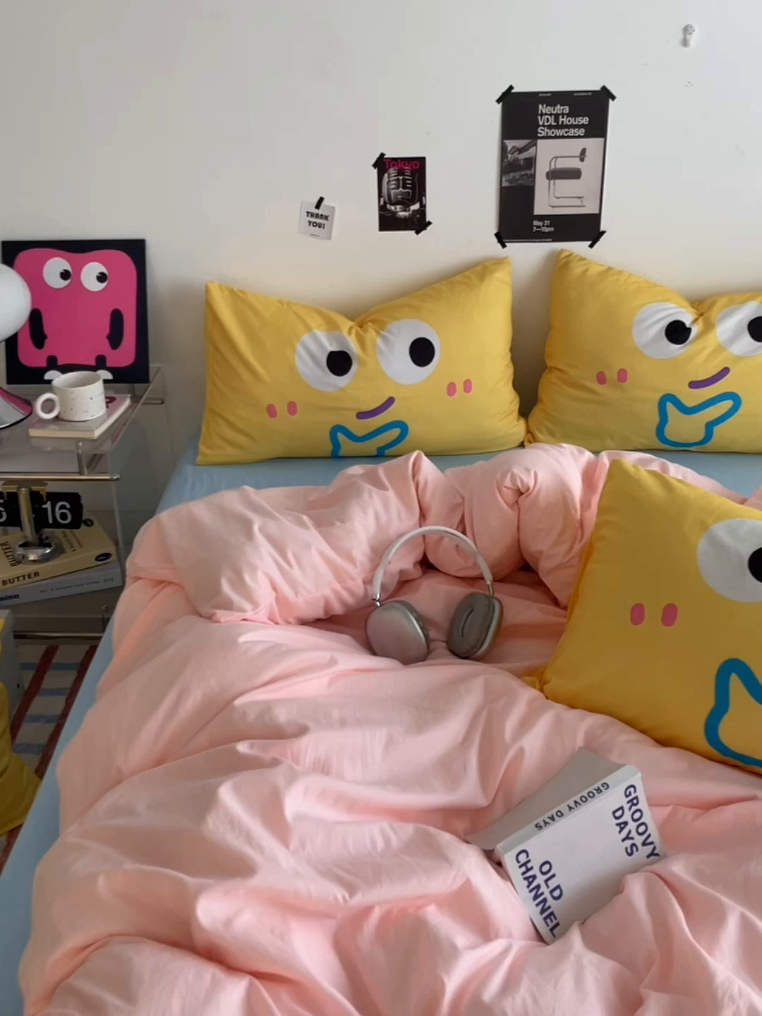 91家纺网 家纺一手货源 找家纺 优卡迪家纺馆 2025新款A类亲肤水洗棉大眼萌纯色混搭四件套 大眼萌-玉粉蓝