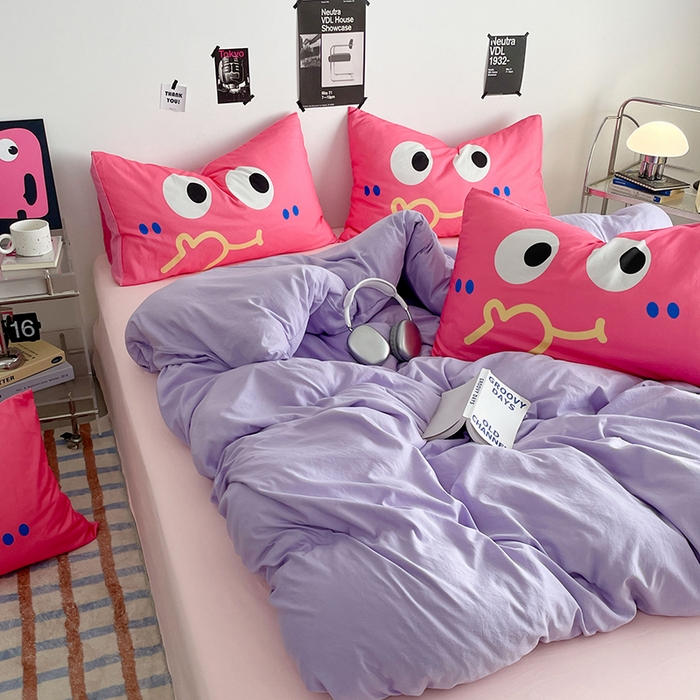 91家纺网 家纺一手货源 找家纺 优卡迪家纺馆 2025新款A类亲肤水洗棉大眼萌纯色混搭四件套 大眼萌-紫玉粉