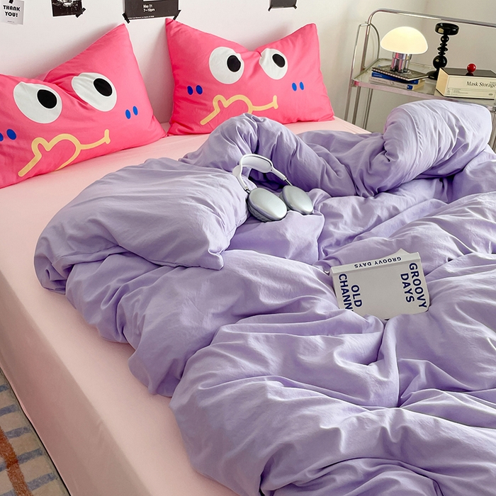 91家纺网 家纺一手货源 找家纺 优卡迪家纺馆 2025新款A类亲肤水洗棉大眼萌纯色混搭四件套 大眼萌-紫玉粉