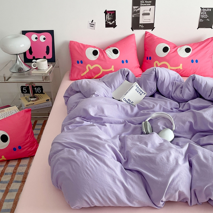 91家纺网 家纺一手货源 找家纺 优卡迪家纺馆 2025新款A类亲肤水洗棉大眼萌纯色混搭四件套 大眼萌-紫玉粉