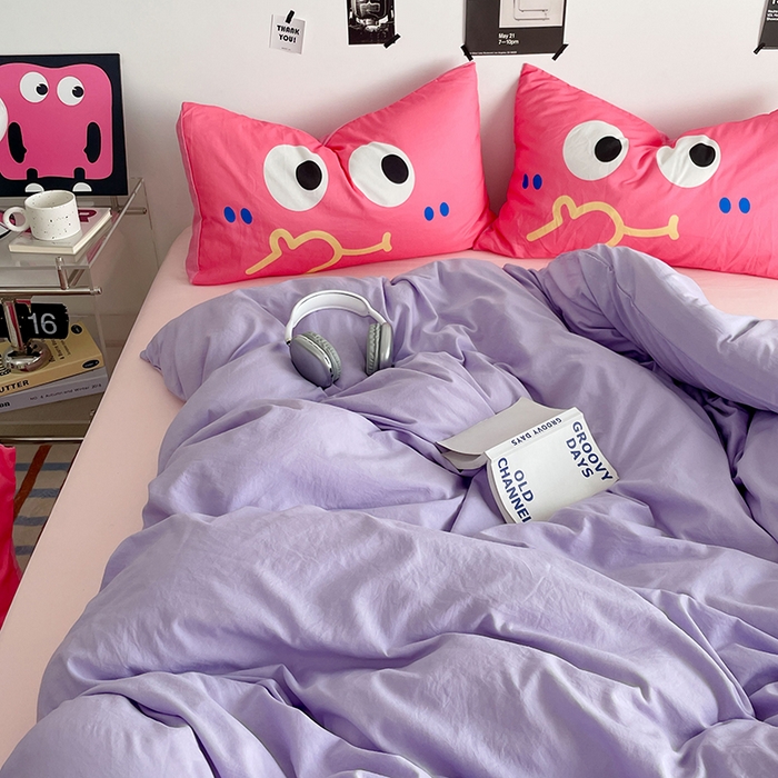 91家纺网 家纺一手货源 找家纺 优卡迪家纺馆 2025新款A类亲肤水洗棉大眼萌纯色混搭四件套 大眼萌-紫玉粉