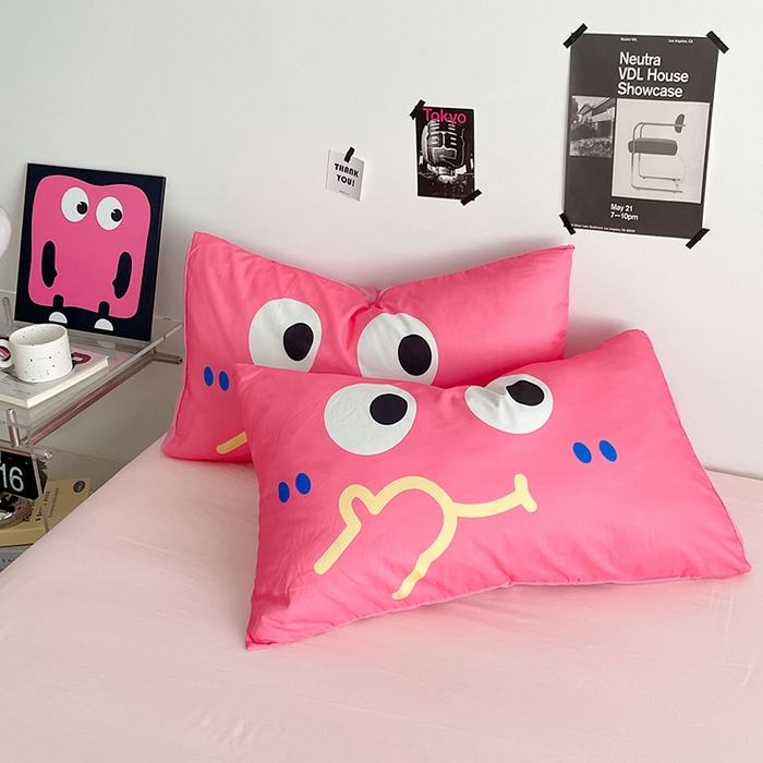 91家纺网 家纺一手货源 找家纺 优卡迪家纺馆 2025新款A类亲肤水洗棉大眼萌纯色混搭四件套 大眼萌-紫玉粉