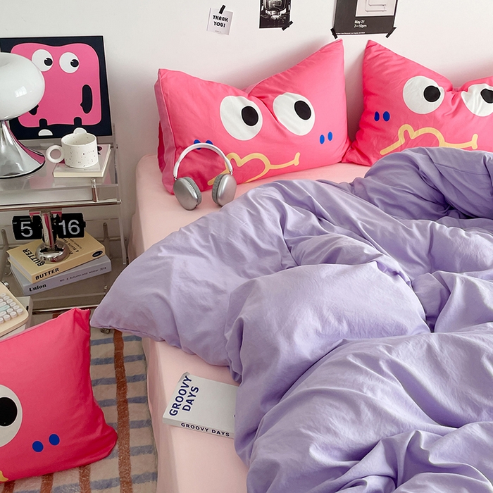 91家纺网 家纺一手货源 找家纺 优卡迪家纺馆 2025新款A类亲肤水洗棉大眼萌纯色混搭四件套 大眼萌-紫玉粉