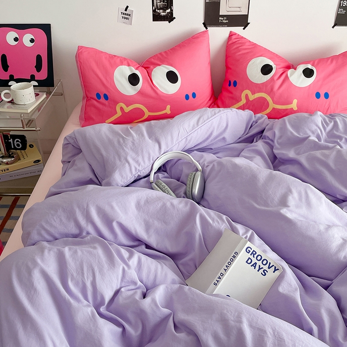 91家纺网 家纺一手货源 找家纺 优卡迪家纺馆 2025新款A类亲肤水洗棉大眼萌纯色混搭四件套 大眼萌-紫玉粉