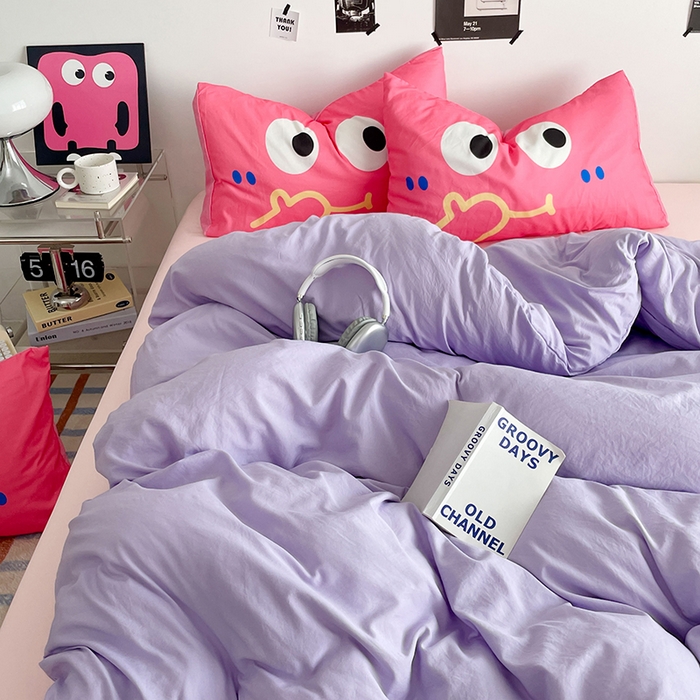 91家纺网 家纺一手货源 找家纺 优卡迪家纺馆 2025新款A类亲肤水洗棉大眼萌纯色混搭四件套 大眼萌-紫玉粉