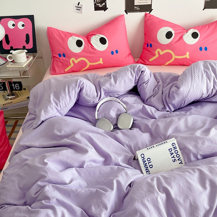 91家纺网 家纺一手货源 找家纺 优卡迪家纺馆 2025新款A类亲肤水洗棉大眼萌纯色混搭四件套 大眼萌-紫玉粉