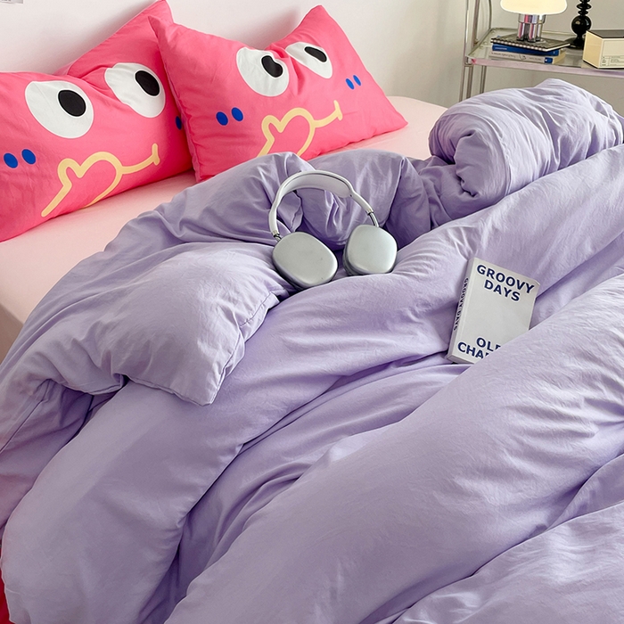 91家纺网 家纺一手货源 找家纺 优卡迪家纺馆 2025新款A类亲肤水洗棉大眼萌纯色混搭四件套 大眼萌-紫玉粉