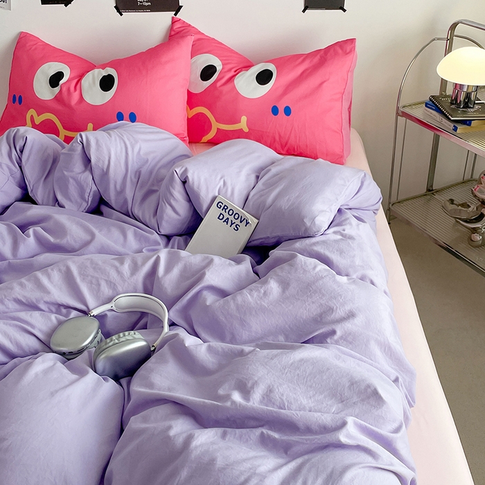 91家纺网 家纺一手货源 找家纺 优卡迪家纺馆 2025新款A类亲肤水洗棉大眼萌纯色混搭四件套 大眼萌-紫玉粉