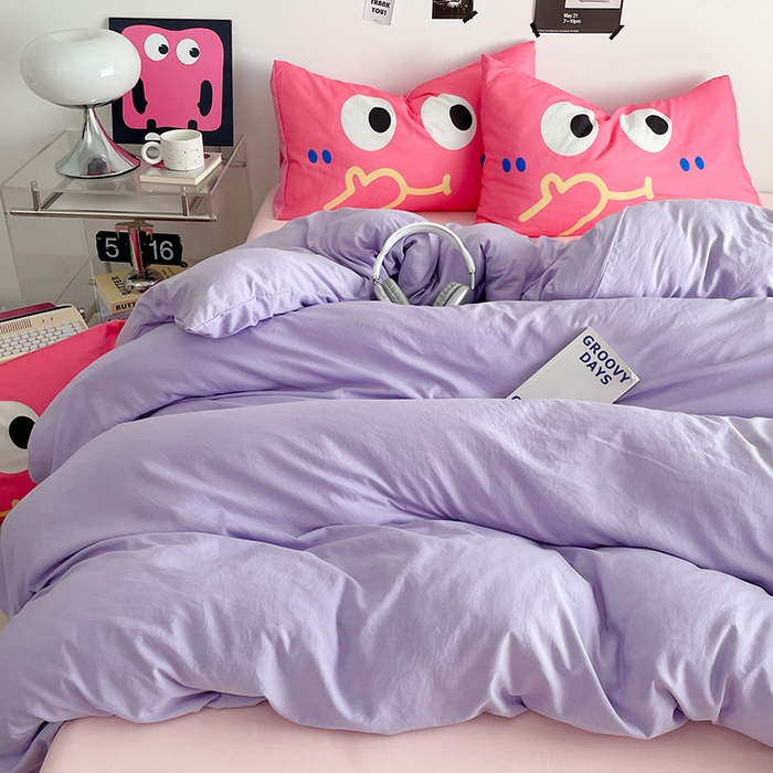 91家纺网 家纺一手货源 找家纺 优卡迪家纺馆 2025新款A类亲肤水洗棉大眼萌纯色混搭四件套 大眼萌-紫玉粉