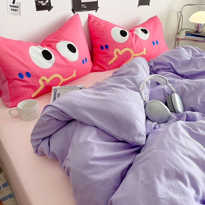 91家纺网 家纺一手货源 找家纺 优卡迪家纺馆 2025新款A类亲肤水洗棉大眼萌纯色混搭四件套 大眼萌-紫玉粉