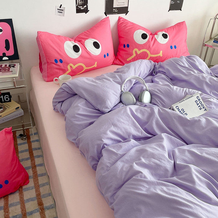 91家纺网 家纺一手货源 找家纺 优卡迪家纺馆 2025新款A类亲肤水洗棉大眼萌纯色混搭四件套 大眼萌-紫玉粉