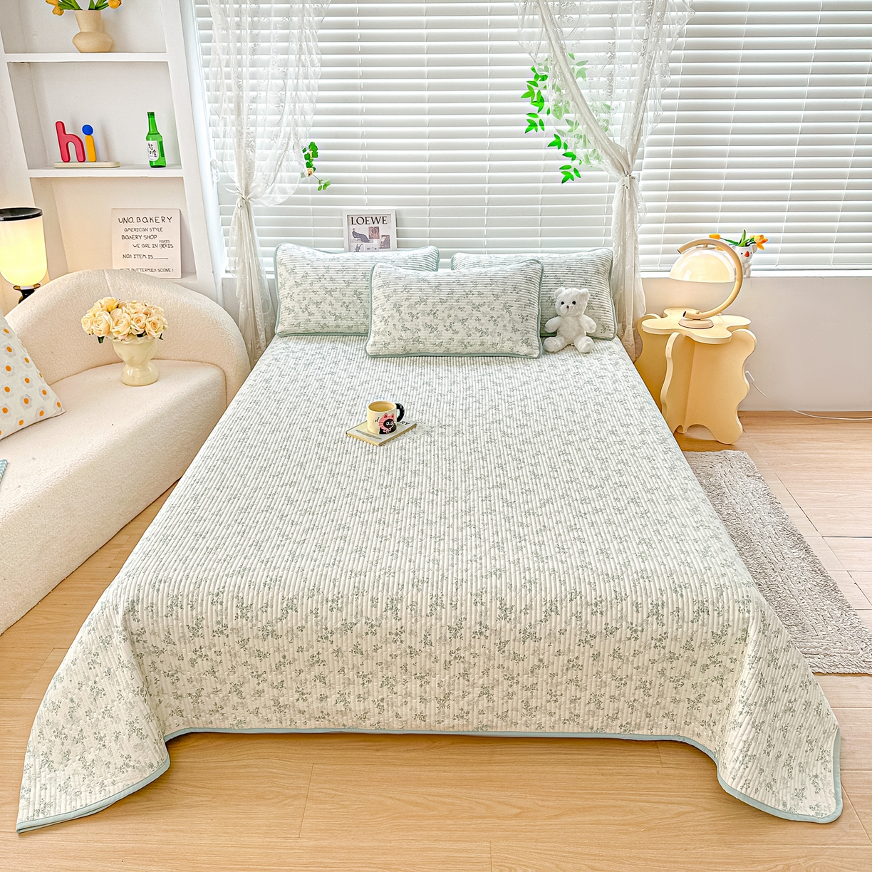 91家纺网 家纺一手货源 找家纺 橘夏家纺 2025新款全棉床盖三件套春风里（绿）