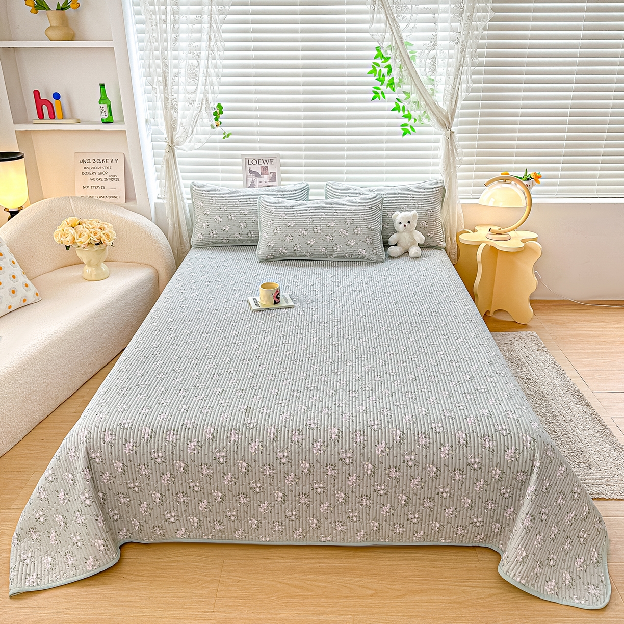 91家纺网 家纺一手货源 找家纺 橘夏家纺 2025新款全棉床盖三件套莫奈（绿）