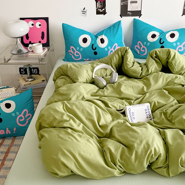 91家纺网 家纺一手货源 找家纺 （总）优卡迪家纺馆 2025新款A类亲肤水洗棉大眼萌纯色混搭四件套