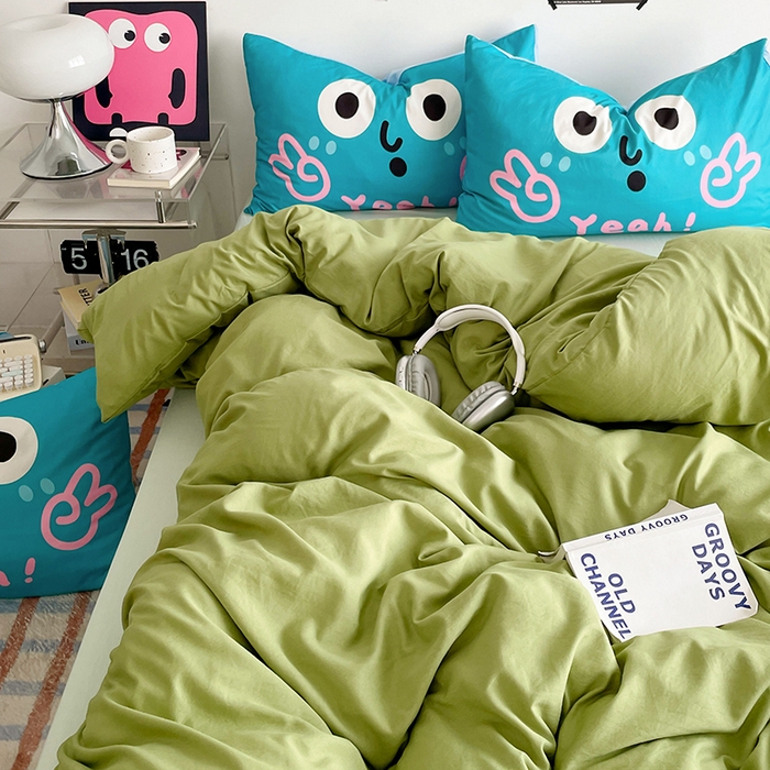 91家纺网 家纺一手货源 找家纺 （总）优卡迪家纺馆 2025新款A类亲肤水洗棉大眼萌纯色混搭四件套