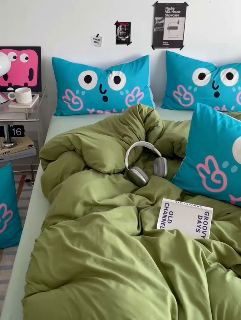 91家纺网 家纺一手货源 找家纺 （总）优卡迪家纺馆 2025新款A类亲肤水洗棉大眼萌纯色混搭四件套