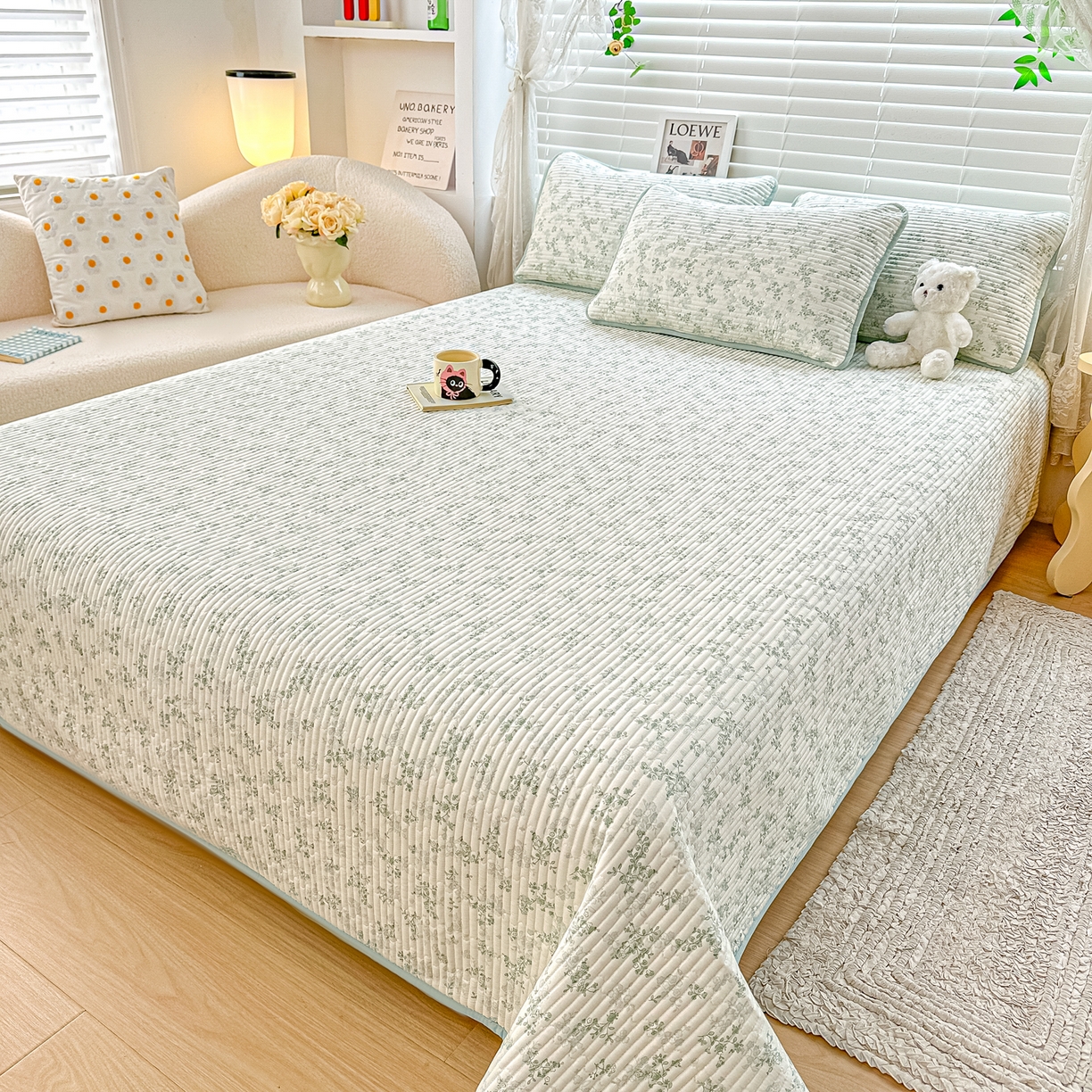 91家纺网 家纺一手货源 找家纺 橘夏家纺 2025新款全棉床盖三件套春风里（绿）