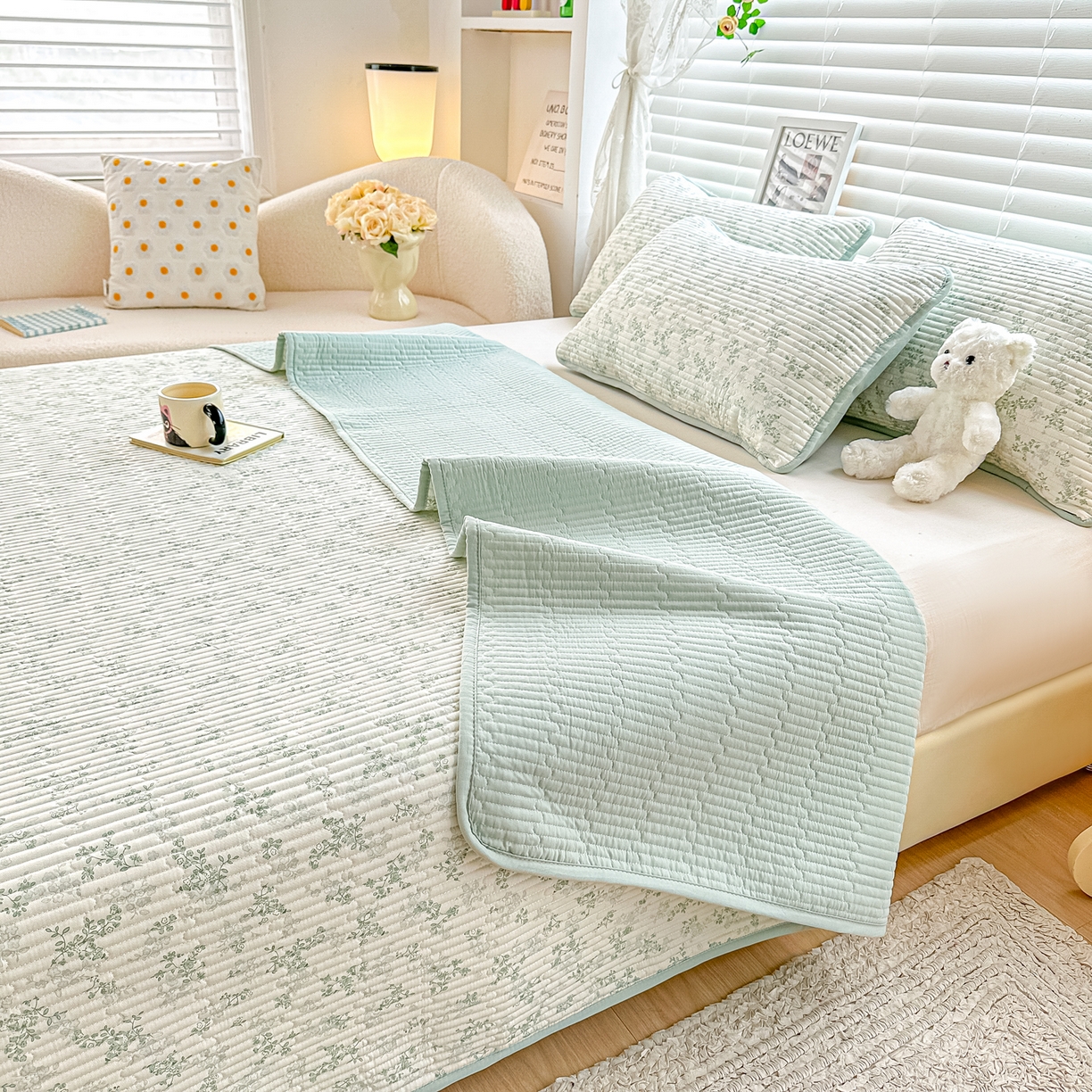 91家纺网 家纺一手货源 找家纺 橘夏家纺 2025新款全棉床盖三件套春风里（绿）